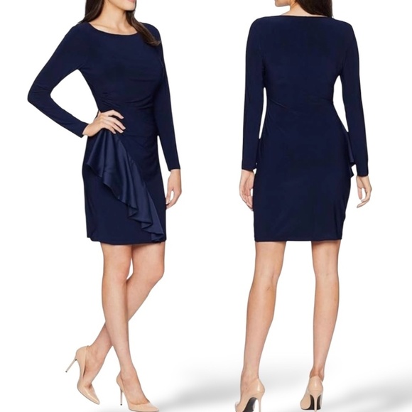 CHAPS Navy Blue Ruffle Sheath Dress Long Sleeve Crew Neck Jersey Knit Sz XL - Picture 1 of 11